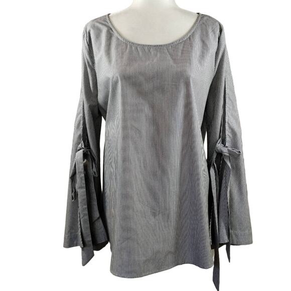 Y Blu Heaven Women's Grey Striped Long Tie Statement Sleeve Top Blouse NWT M - Picture 1 of 13
